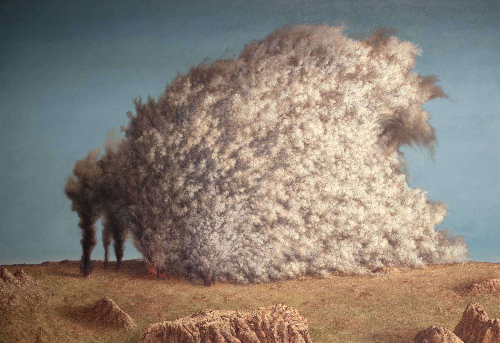 Landscape painting dominated by a large volcanic cloud and trees.